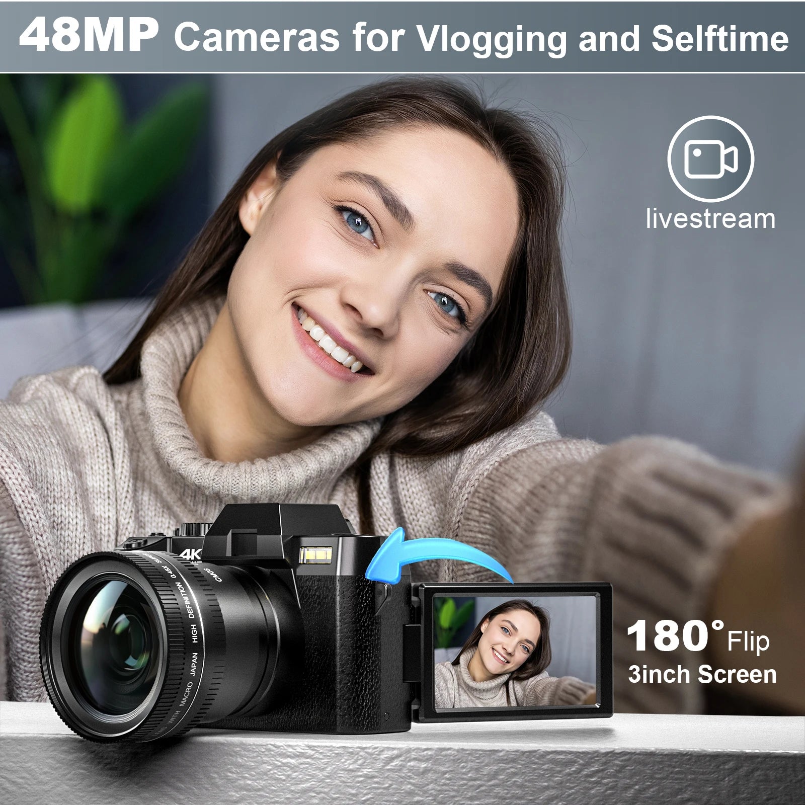 48MP Digital Cameras for Photography with Wifi & App Control,4K Autofocus Vlogging Camera , Anti-Shake, Dual Batteries