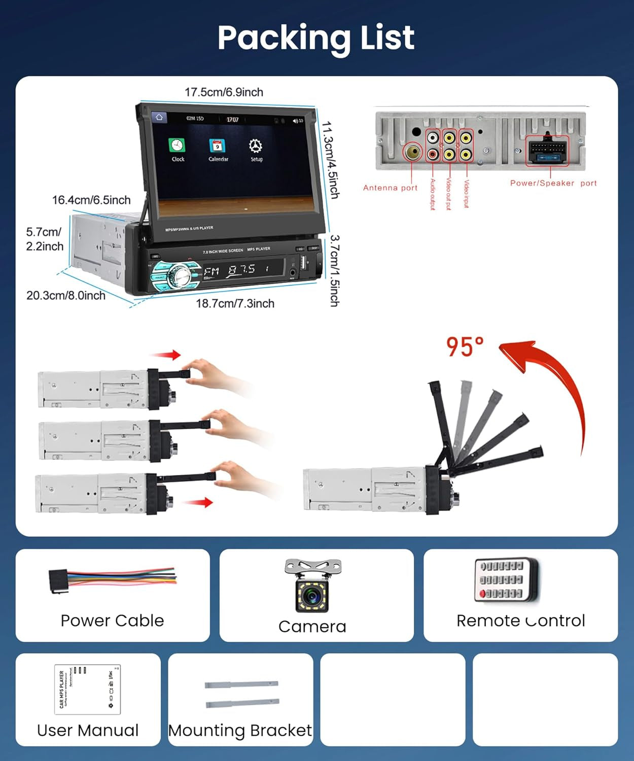 Car Stereo Single Din Touchscreen Car Radio with Bluetooth,  7 Inch Electric Flip Out Screen Mirror Link FM Radio AUX- in USB SD TF Card Input EQ Setting MP5 Player + Backup Camera