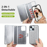 for Iphone 13 Wallet Case Detachable with Card Holder for Women Girls, Fashion Glitter PU Leather Wrist Strap Strong Magnetic Flip Wallet Removable Phone Case Cover for Iphone 13 6.1", Silver