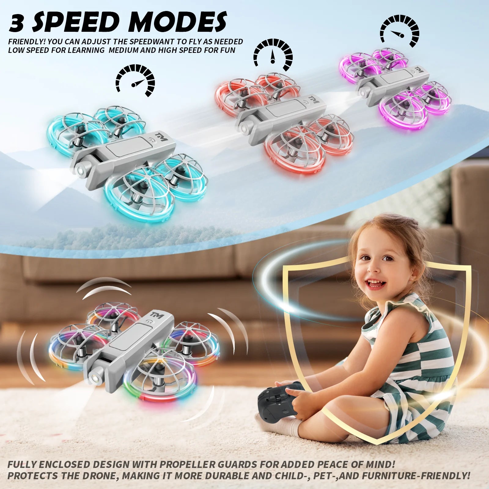 Mini Drone for Kids, Beginner-Friendly Quadcopter with 20 Colorful LED Light Modes, 3D Flips, Headless Mode, Propeller Guards, 2 Rechargeable Batteries
