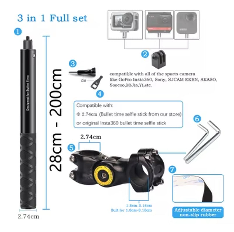 Motorcycle Handlebar Mount Invisible Adjustment Selfie Stick Bicycle Monopod for Gopro DJI Insta360 One R Camera Accessory