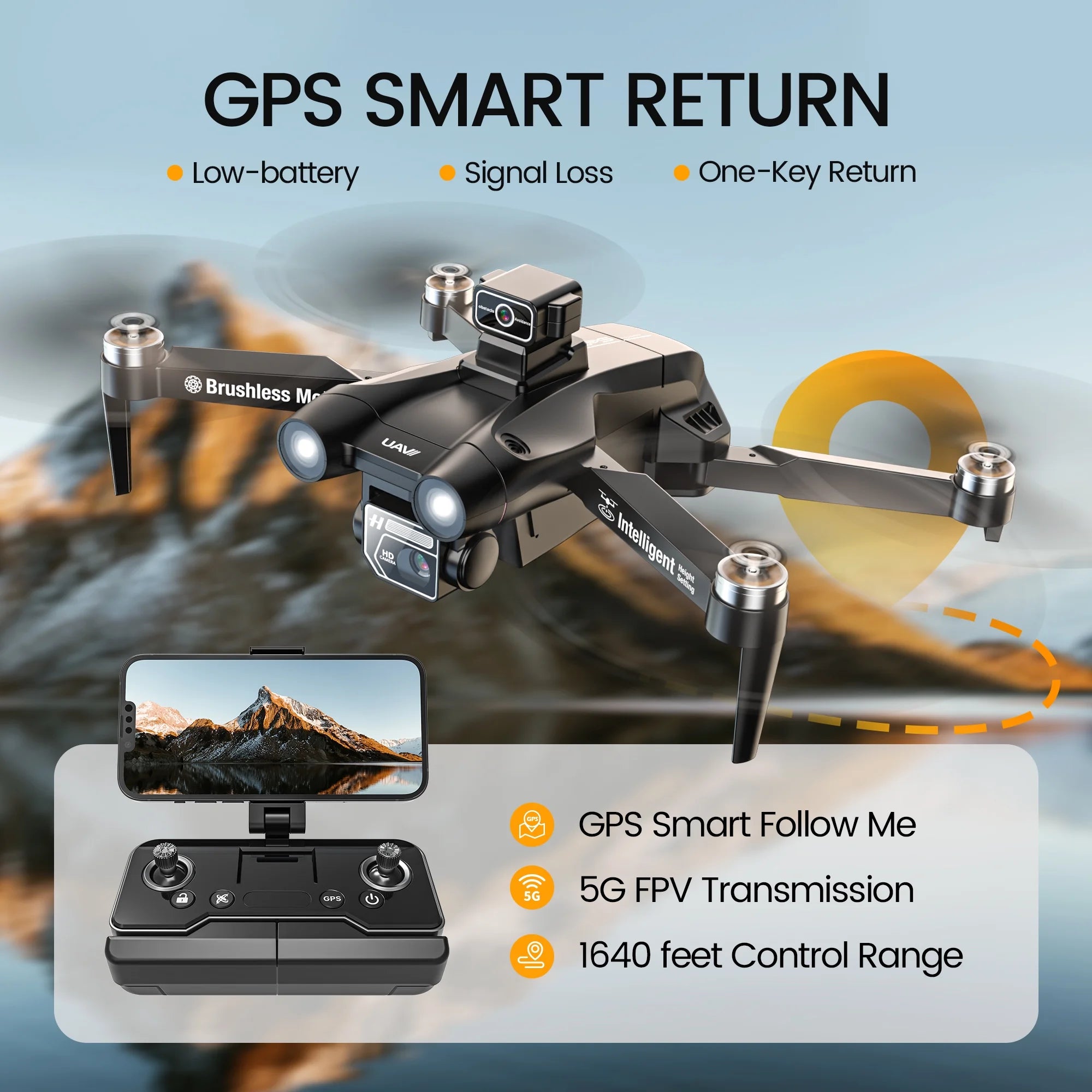 DEERC D75 GPS Drone with 4K Camera for Adults, Brushless Motor, Auto Return Home, 2 Batteries, Black