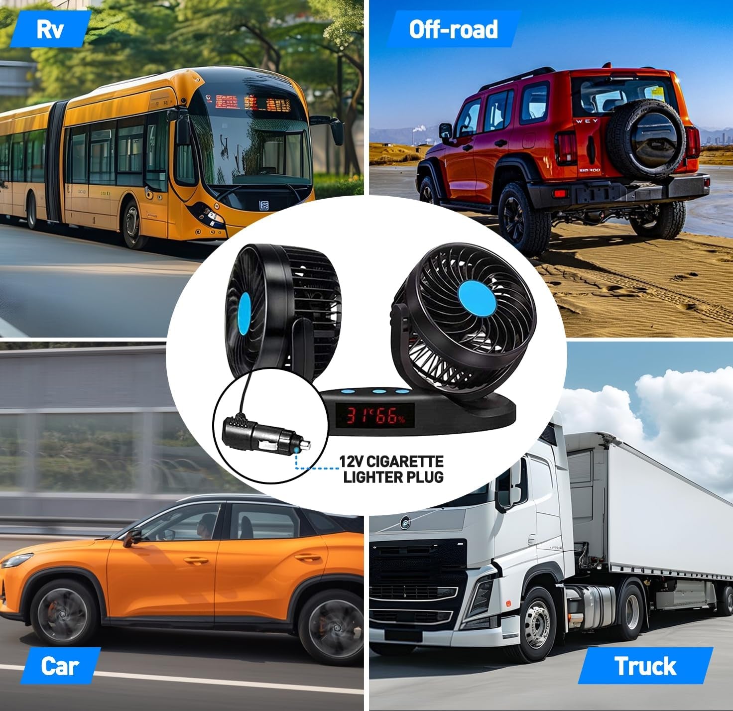 2V Car Fan, 5'' Portable Auto Cooling Fan, Adjustable Dual Head 360° Rotatable, 12 Speed Cigarette Lighter Plug & LED Display for Sedan SUV RV Boat (T103E)