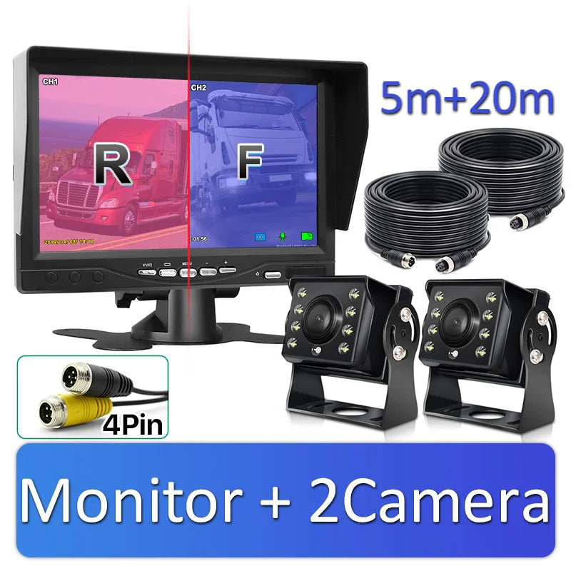 1920*1080 Recording DVR 2 Truck Backup Camera AHD Night Vision with 7" Vehicle Rear View Monitor Support SD Card