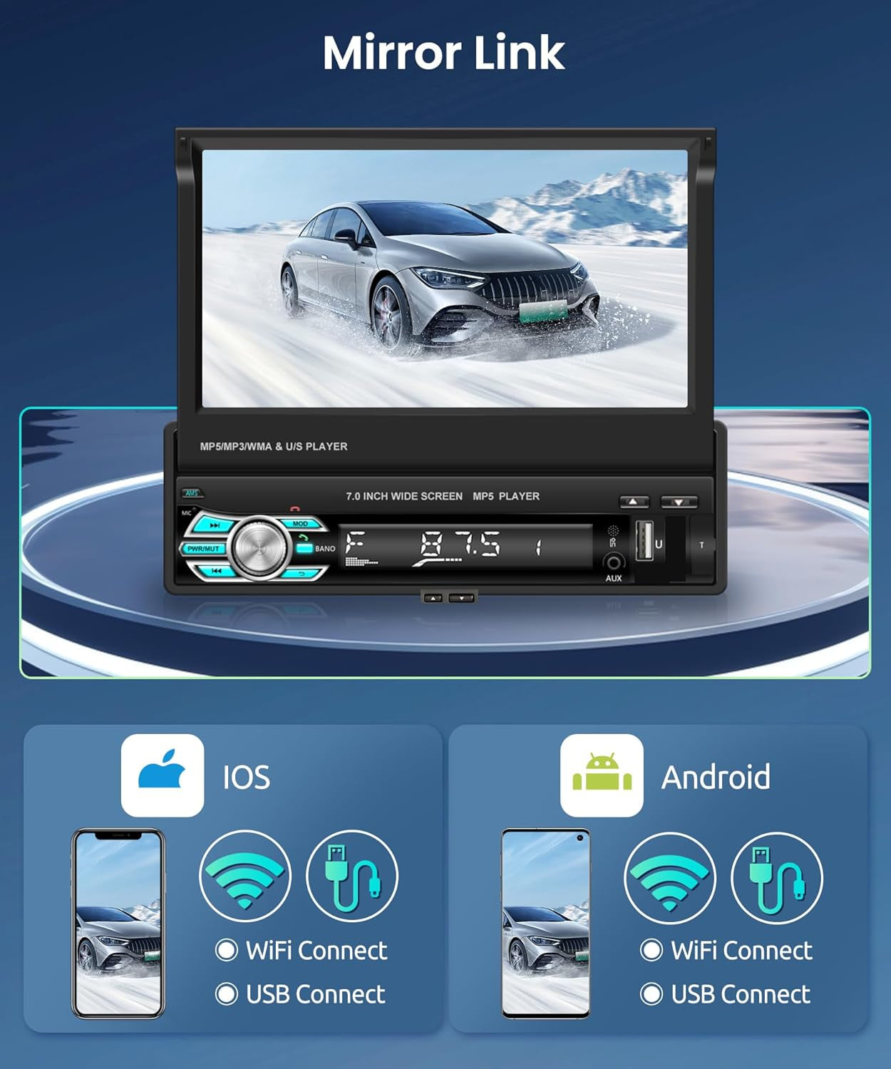 Car Stereo Single Din Touchscreen Car Radio with Bluetooth,  7 Inch Electric Flip Out Screen Mirror Link FM Radio AUX- in USB SD TF Card Input EQ Setting MP5 Player + Backup Camera
