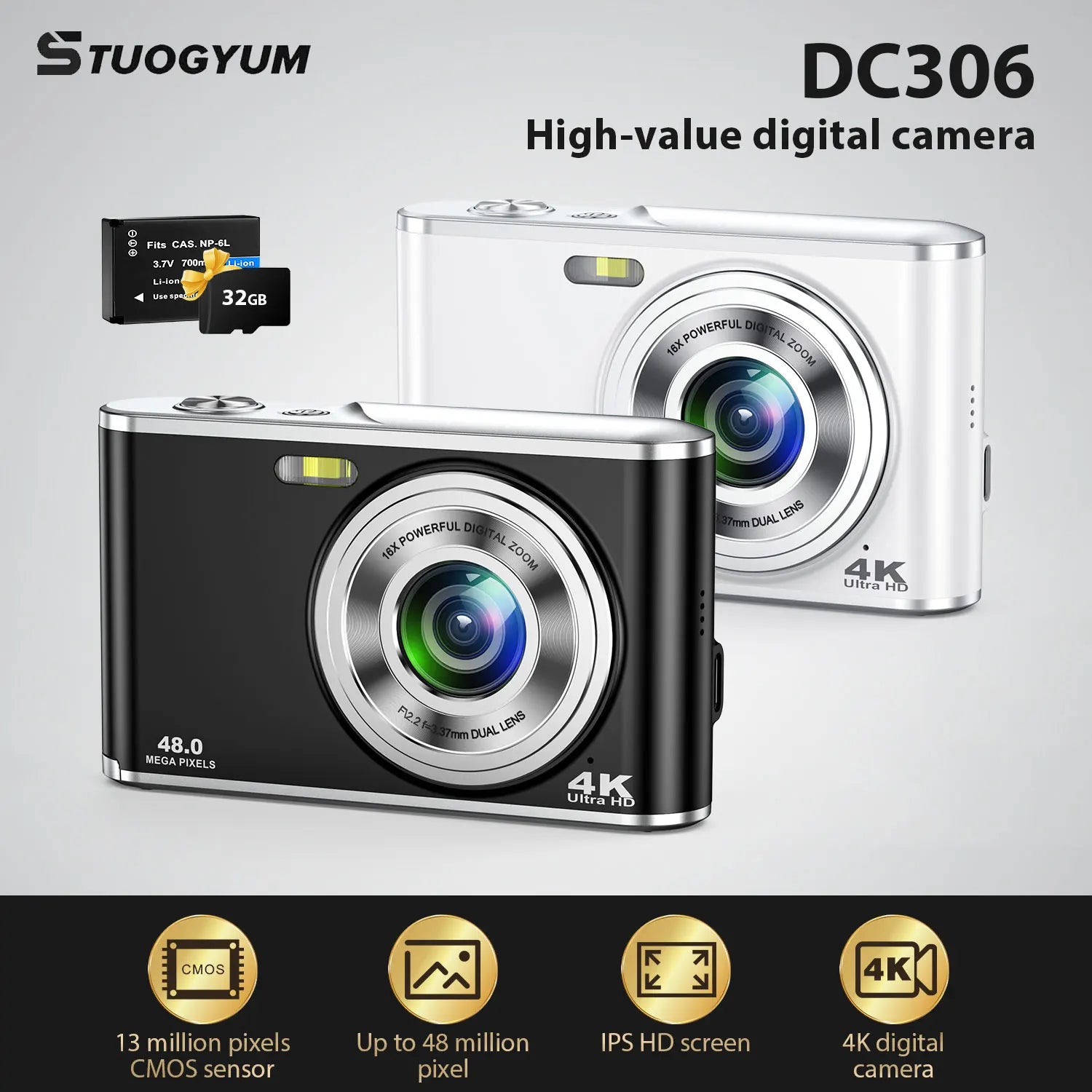 4K 48MP Digital Camera, Auto-Focus Vlogging Camera, with 32GB Card,Portable Youtube Small Camera, Suitable for Young Adults.