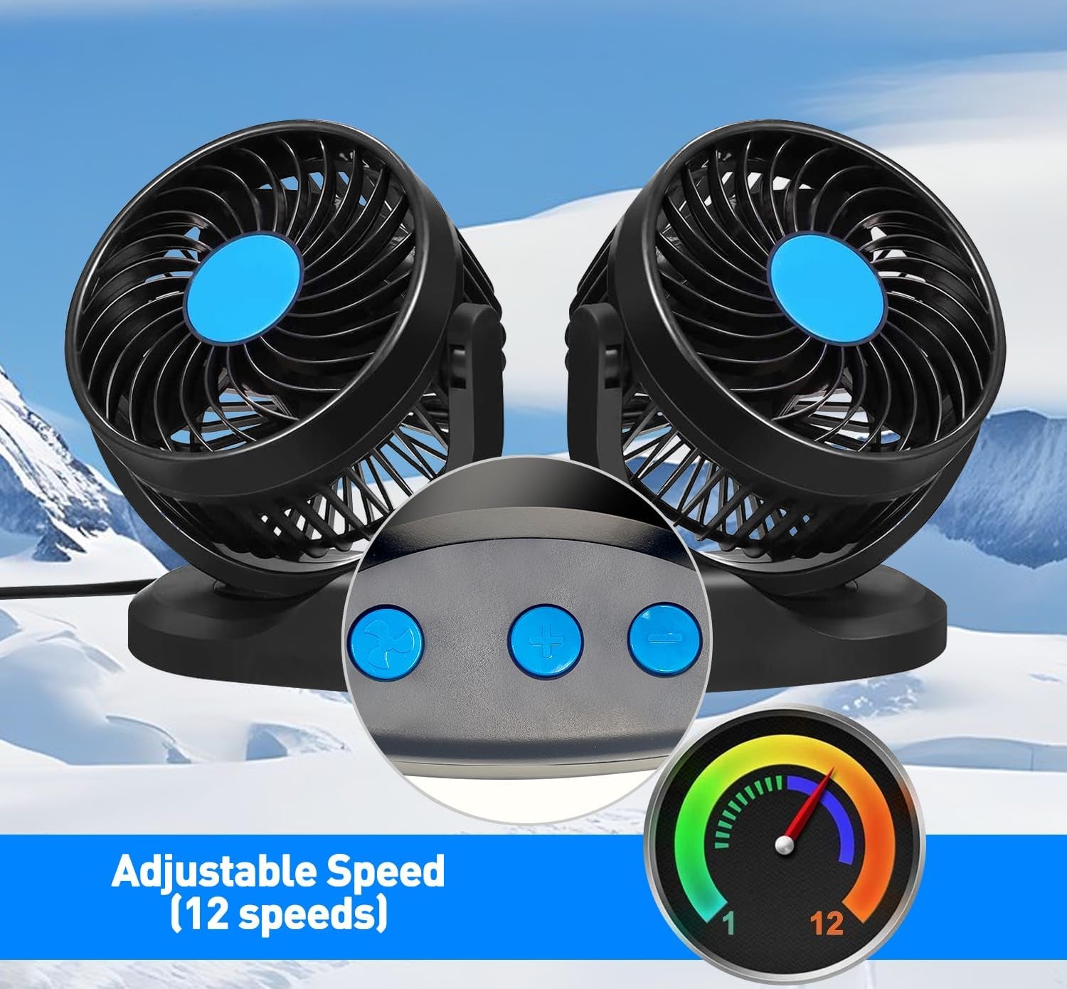 2V Car Fan, 5'' Portable Auto Cooling Fan, Adjustable Dual Head 360° Rotatable, 12 Speed Cigarette Lighter Plug & LED Display for Sedan SUV RV Boat (T103E)