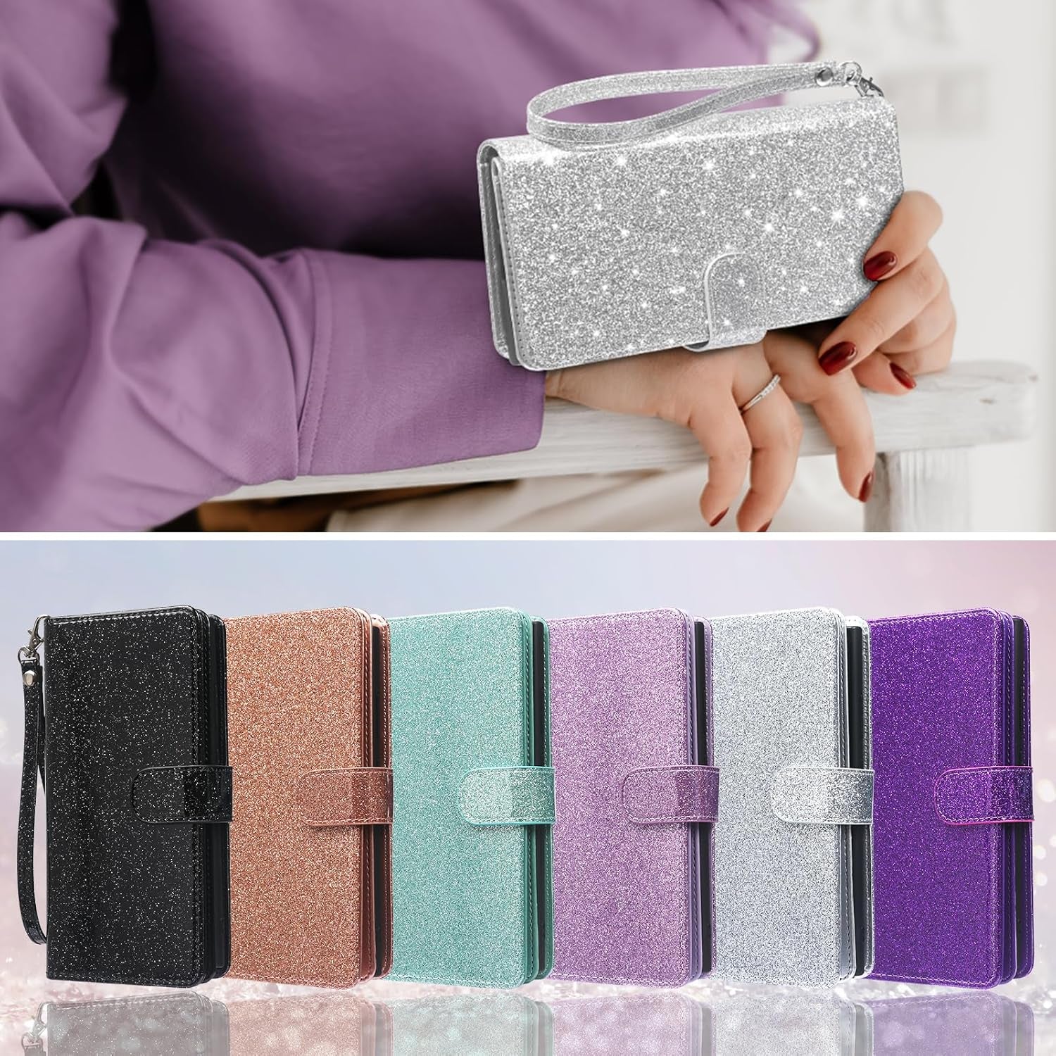 for Iphone 13 Wallet Case Detachable with Card Holder for Women Girls, Fashion Glitter PU Leather Wrist Strap Strong Magnetic Flip Wallet Removable Phone Case Cover for Iphone 13 6.1", Silver