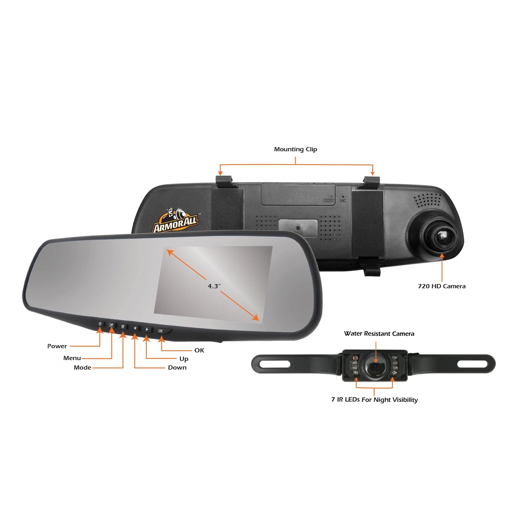 720P HD Rearview Mirror Dash and Backup Camera, 4.3 Inch LCD Screen, New Universal Design