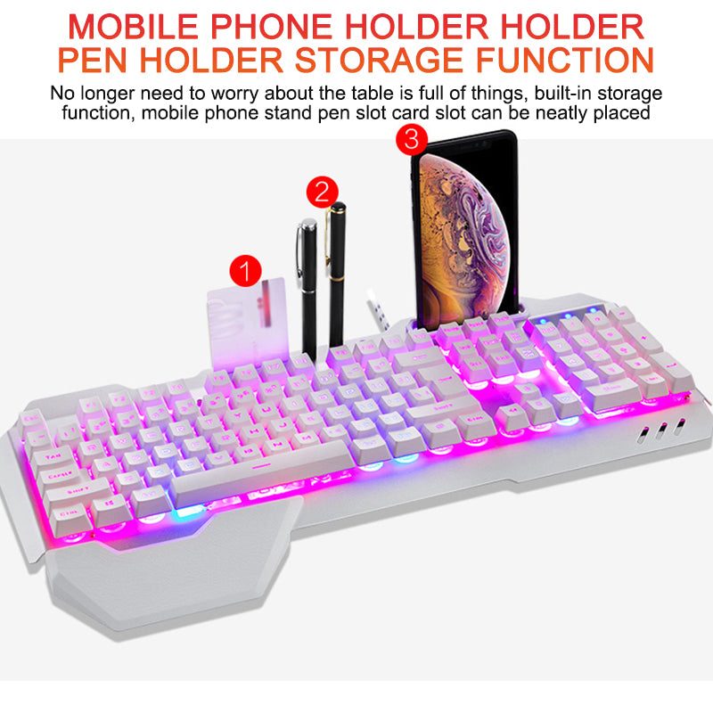 Ergonomicwired Gaming Keyboard with RGB Backlight Phone Holder