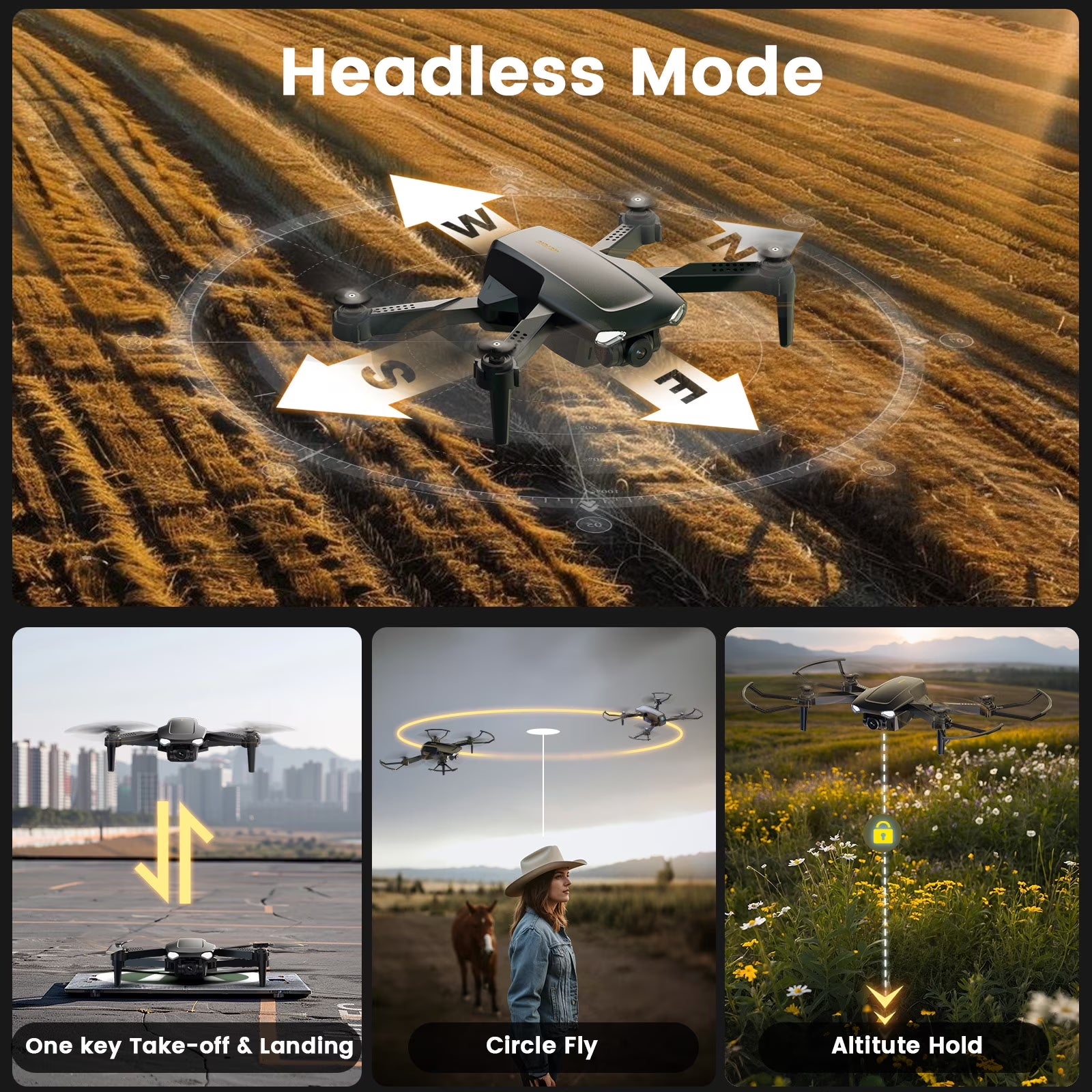 Drone with Camera for Kids 8-12, WF11 1080P Foldable Quadcopter with FPV Transmission, 2 Batteries, Black