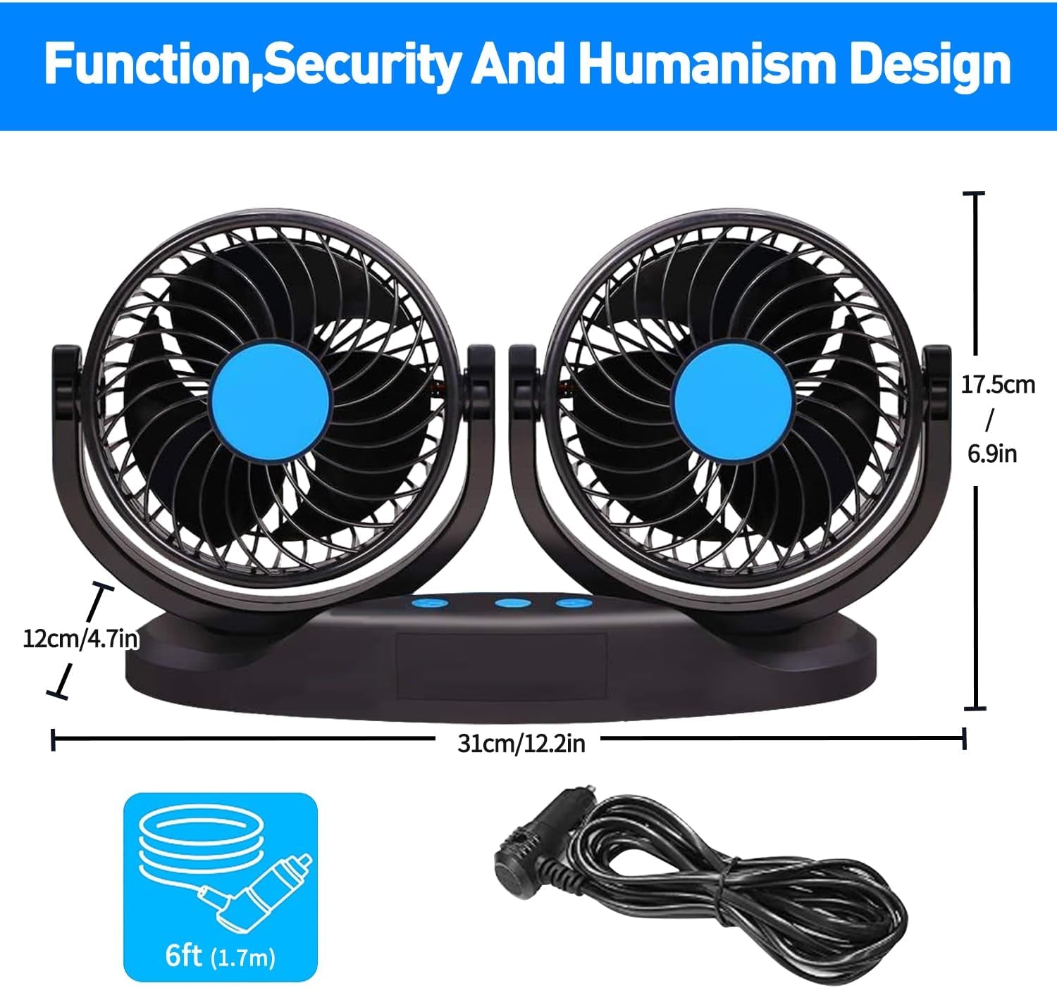 2V Car Fan, 5'' Portable Auto Cooling Fan, Adjustable Dual Head 360° Rotatable, 12 Speed Cigarette Lighter Plug & LED Display for Sedan SUV RV Boat (T103E)