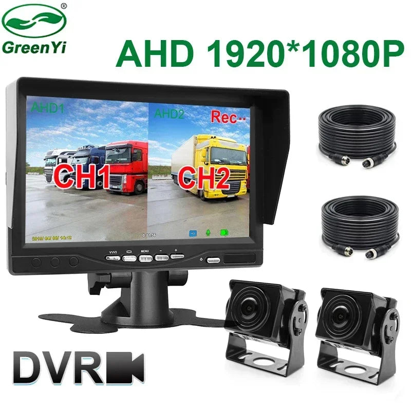 2CH 1920*1080P 7 Inch IPS Screen Car Truck Bus AHD DVR Monitor with Digital Video Recorder for Front Rear Reverse Backup Camera
