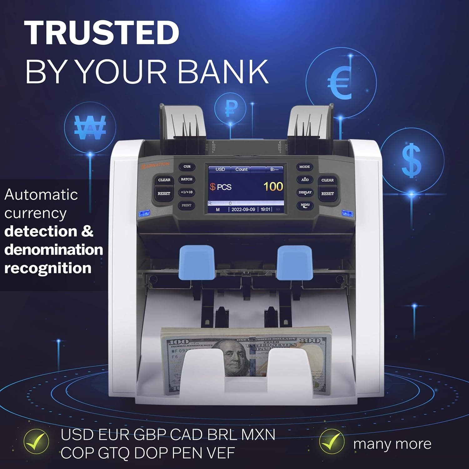 Money Counter Machine – Cash Counting & Mixed Denomination Bill Counter, Portable Currency Detector, Counterfeit Bank Scanner, Dollar Sorter for Commercial, 1100 N/M, UV/MG/MT/IR/2×CIS