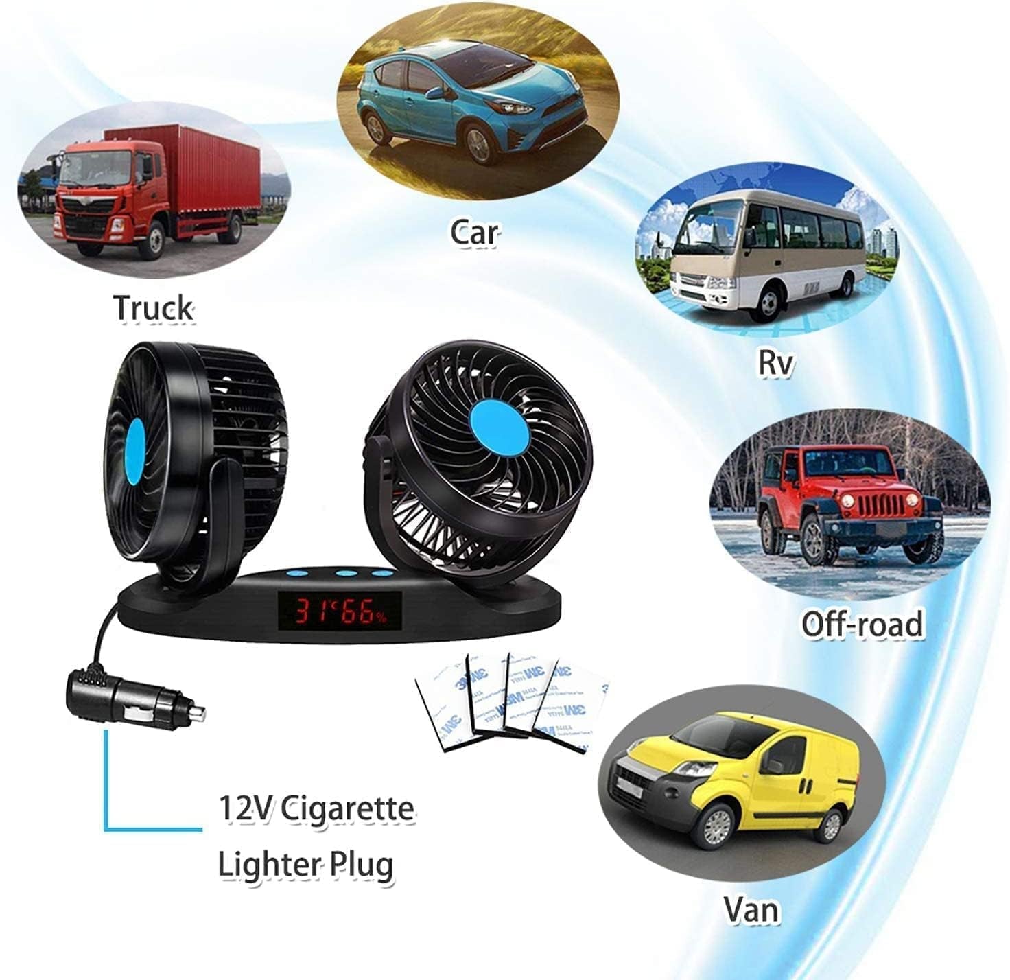 2V Car Fan, 5'' Portable Auto Cooling Fan, Adjustable Dual Head 360° Rotatable, 12 Speed Cigarette Lighter Plug & LED Display for Sedan SUV RV Boat (T103E)