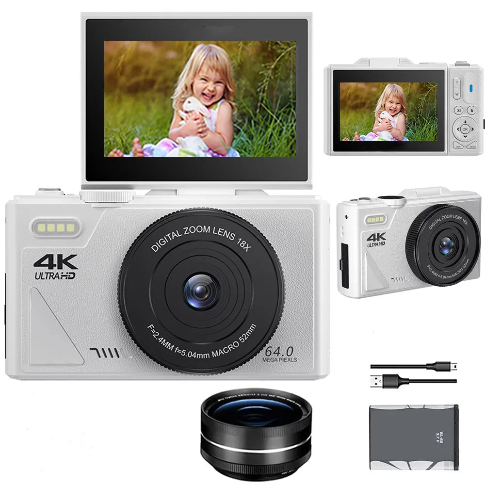 64MP Digital Camera for Photography 4K Video Vlogging Camcorder Youtube Webcam Cameras 18X Digital Zoom Camera 3" Flip Screen