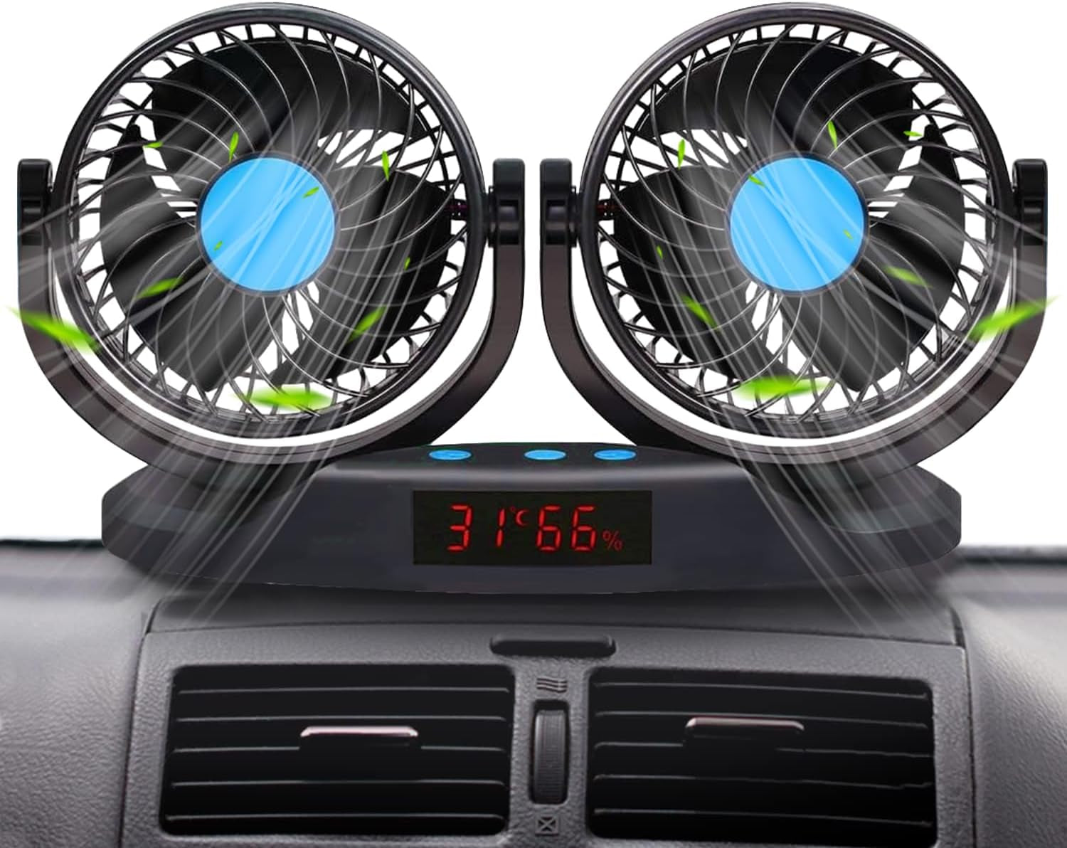 2V Car Fan, 5'' Portable Auto Cooling Fan, Adjustable Dual Head 360° Rotatable, 12 Speed Cigarette Lighter Plug & LED Display for Sedan SUV RV Boat (T103E)