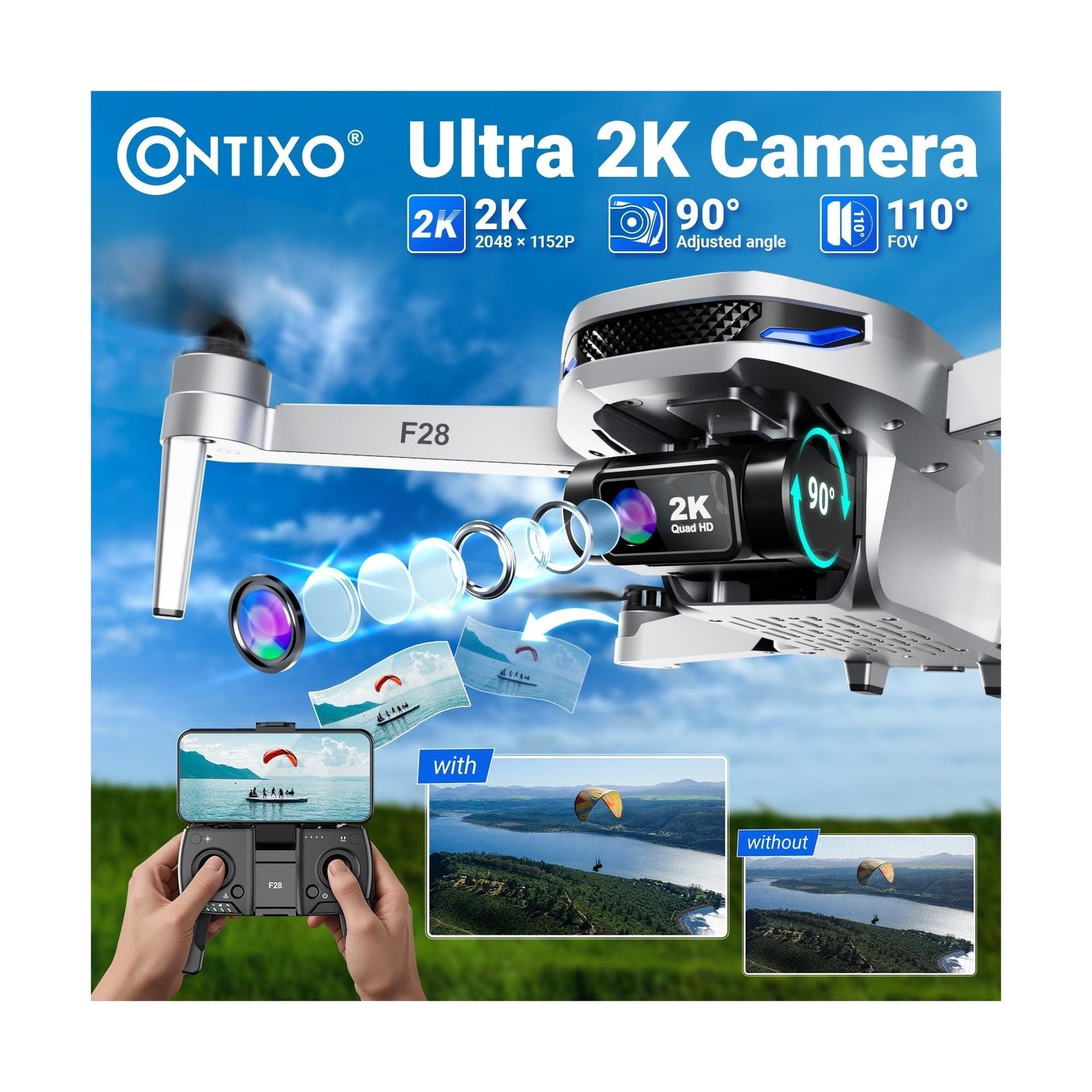 Contixo F28 2K Camera Drone for Adults, GPS Auto Follow, 26 Min Flight Time, ...