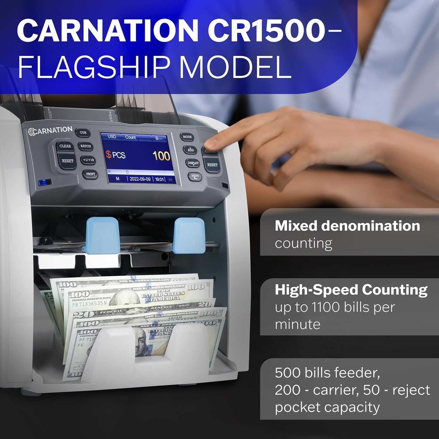 Money Counter Machine – Cash Counting & Mixed Denomination Bill Counter, Portable Currency Detector, Counterfeit Bank Scanner, Dollar Sorter for Commercial, 1100 N/M, UV/MG/MT/IR/2×CIS