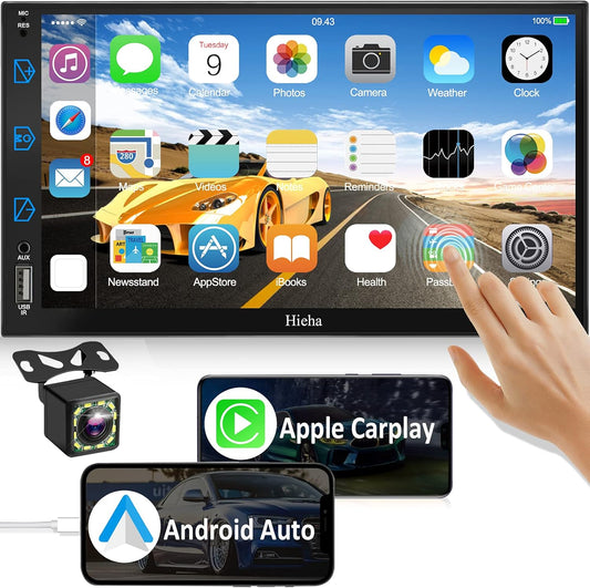 Car Stereo Compatible with Apple Carplay & Android Auto,  7 Inch Double Din Car Stereo with Bluetooth and Backup Camera, Touch Screen Car Radio with AM/FM, Voice Control, Mirror Link, A/V Input