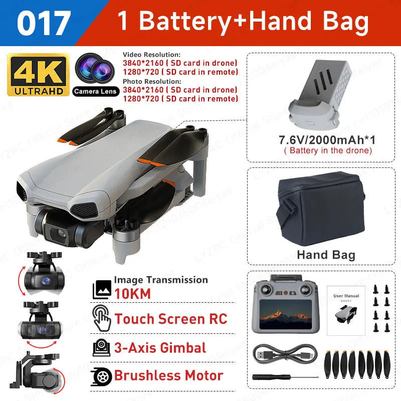 017 3-Axis Gimbal Drone 4K Camera GPS Dron Touch Screen Remote 10KM Image Transmitting 5G Wifi FPV Foldable Quadcopter New