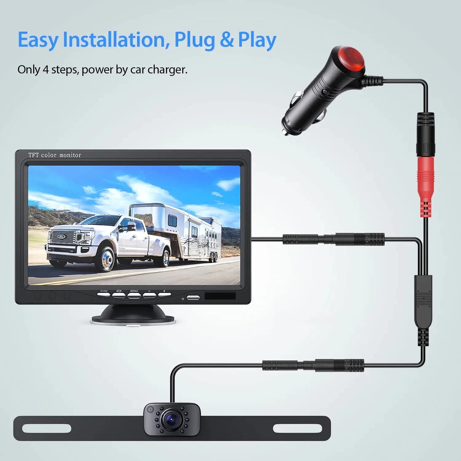 Backup Wired Camera 7'' 1080P Front & Rear View Monitor Back up Camera for Car or Truck IP69 Waterproof Night Vision DIY Grid Lines AY7 Wired Camera