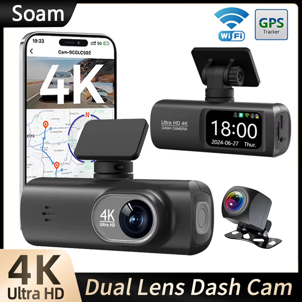 Dash Cam 4K+1080P Dual-Channel Dash Car Camera Recorder with GPS Wifi Car DVR 24H Parking Monitor Black Box