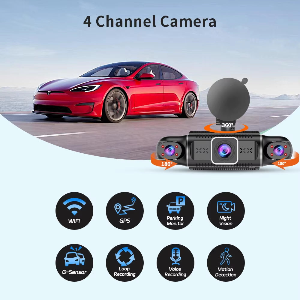 Dash Cam for Cars Free 64GB Dash Cam 360 Degrees Car DVR Wifi GPS 24H Parking Monitor 4 Lens HD 1080P Video Recorder APP Control