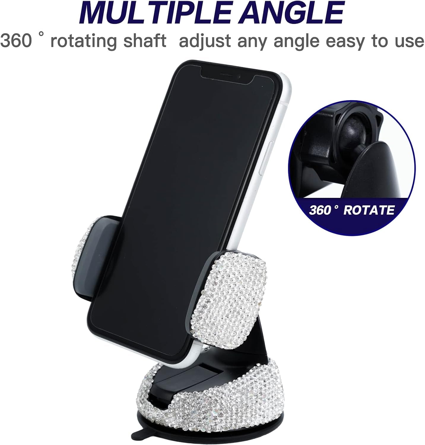 Bling Car Phone Holder,Bling Crystal Car Phone Mount, with One More Air Vent Base, Universal Cell Phone Holder for Dashboard,Windshield and Air Vent (White)