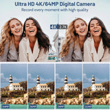 Compact 4K Digital Camera 64MP 18X Zoom for Photography Vlogging Youtube 3'' Flip Screen Flash