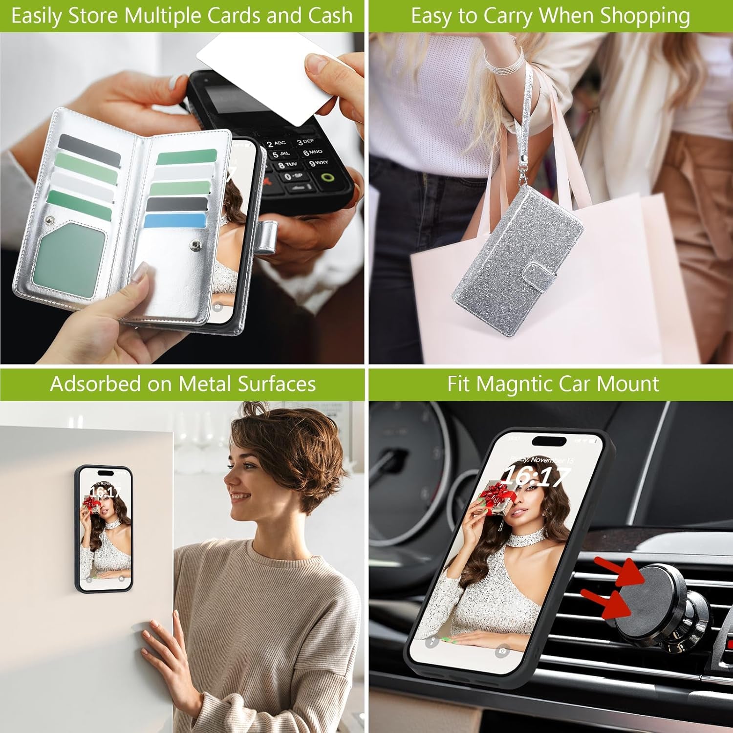 for Iphone 13 Wallet Case Detachable with Card Holder for Women Girls, Fashion Glitter PU Leather Wrist Strap Strong Magnetic Flip Wallet Removable Phone Case Cover for Iphone 13 6.1", Silver