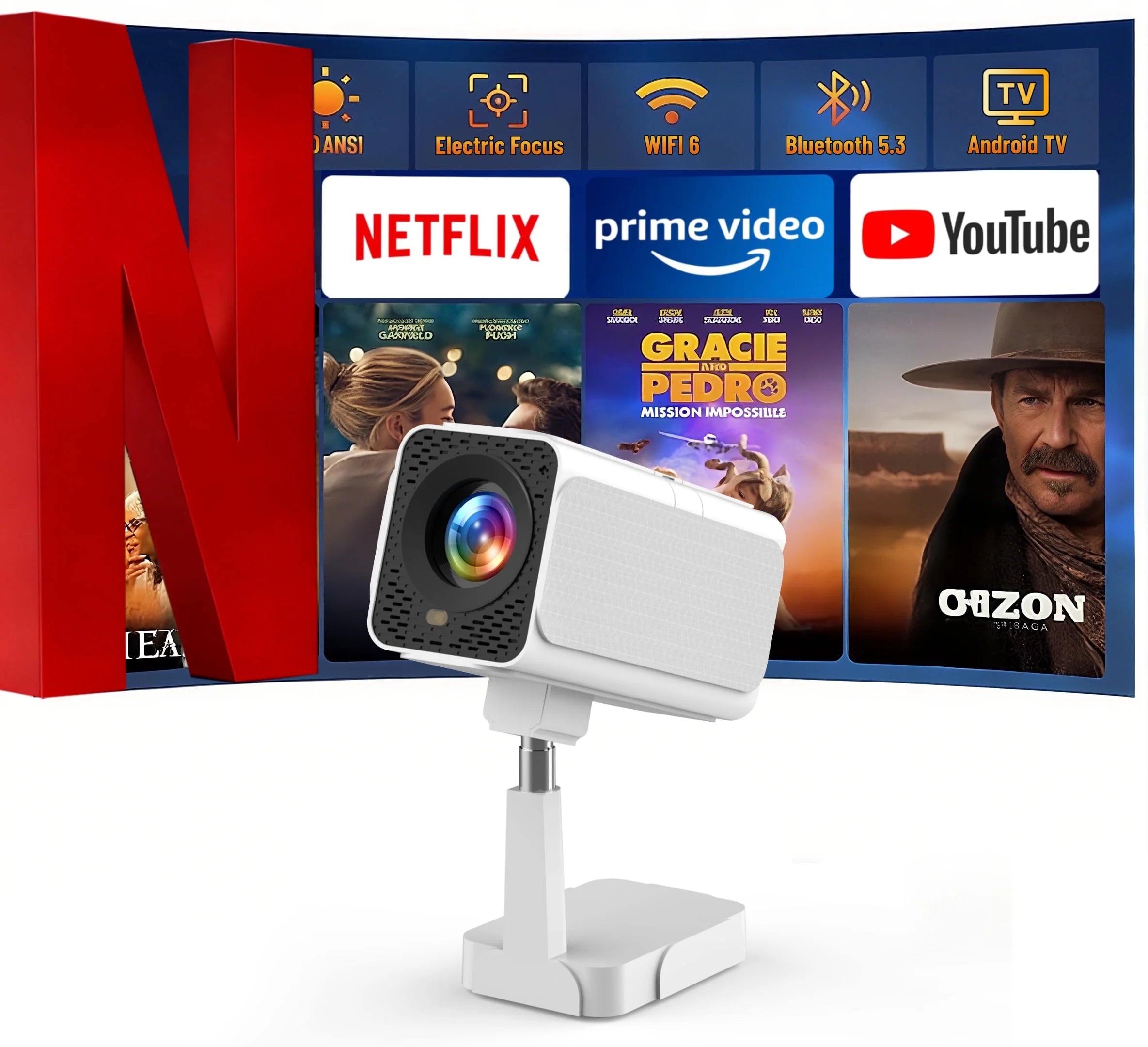 [Electric Keystone]  4K Projector with Wifi and Bluetooth, Native 1080P Movie Projector with 50% Zoom, 15000L Mini Projector Compatible with HDMI, USB, Phone
