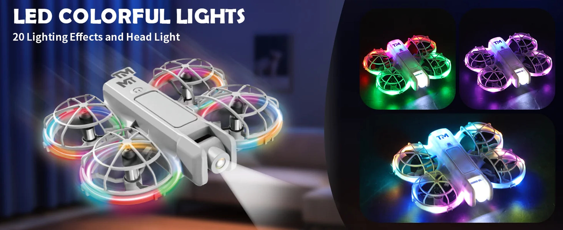 Mini Drone for Kids, Beginner-Friendly Quadcopter with 20 Colorful LED Light Modes, 3D Flips, Headless Mode, Propeller Guards, 2 Rechargeable Batteries