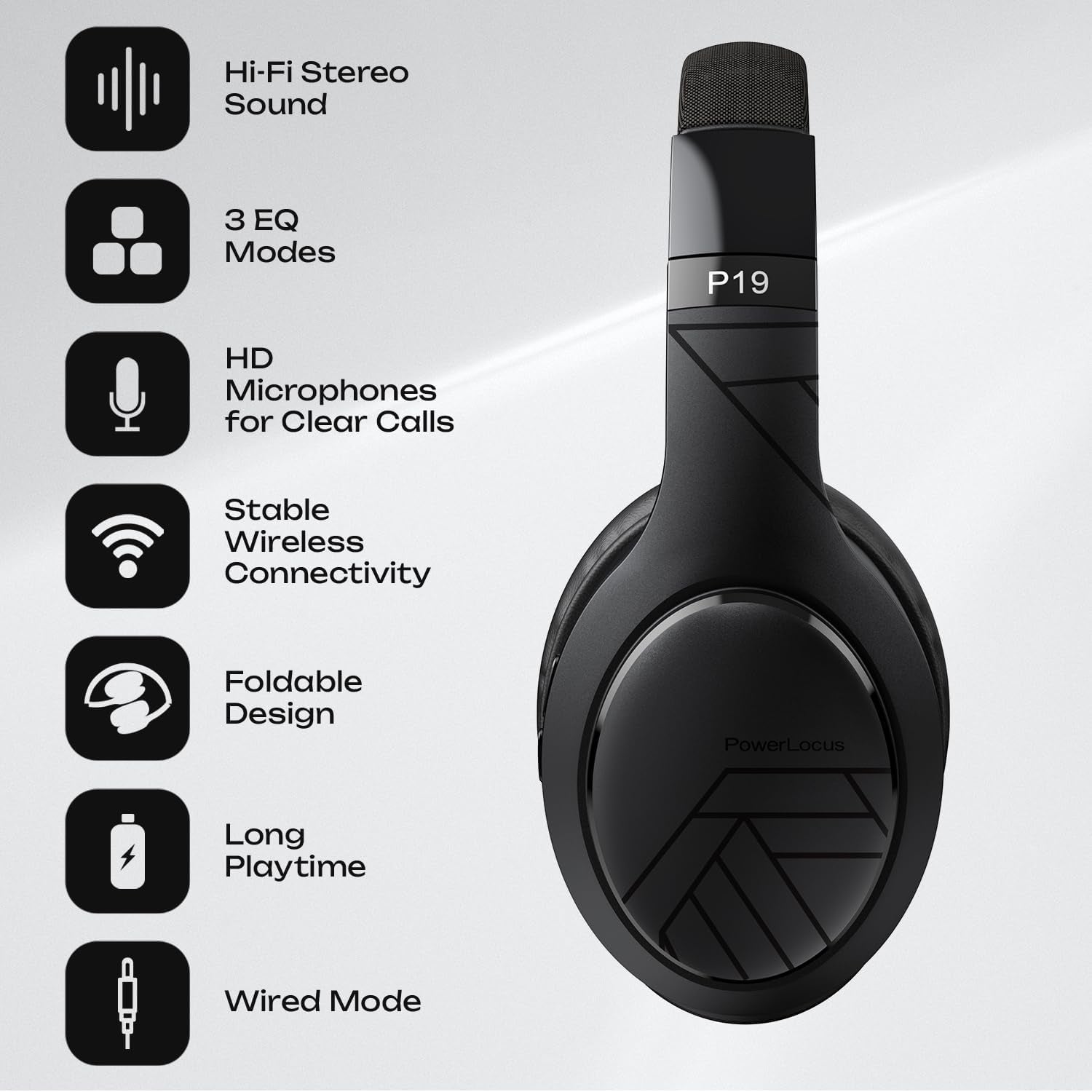 Bluetooth Over-Ear Headphones, Passive Noise Cancelling, 70Hrs Playtime, Foldable, Hi-Fi Deep Bass, Black