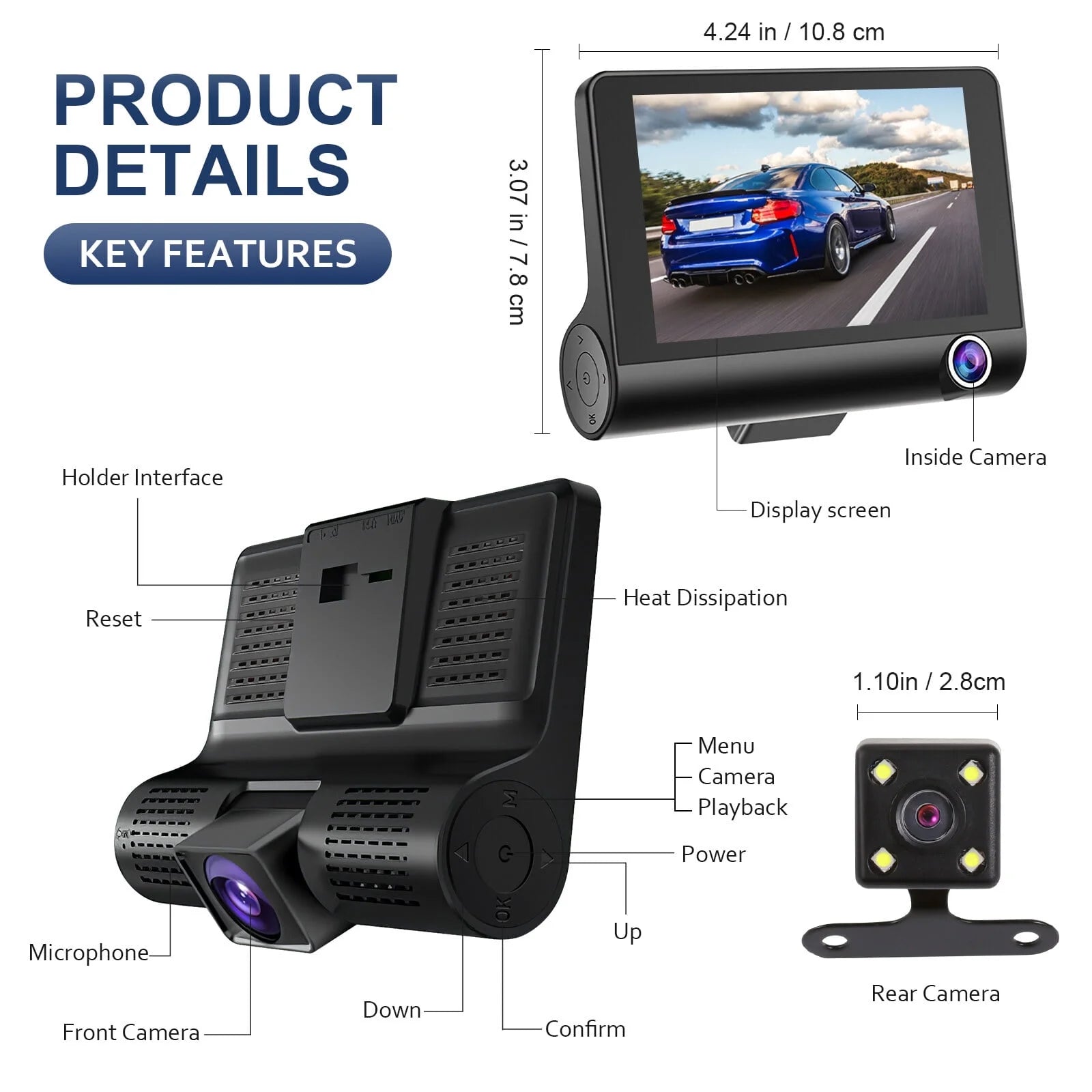 Dash Cam Front and Rear Dash Cam 4 Inch Dashboard Full 170° Wide Angle Backup with Night Vision G-Sensor Parking Monitor Loop Recording Motion Detection