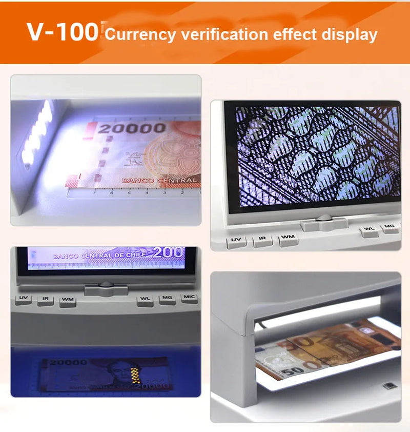 V100 Money Detector UV/MG/IR/WM Bill Cash Checker Multi Currency Banknote Counterfeit Verifier Machine