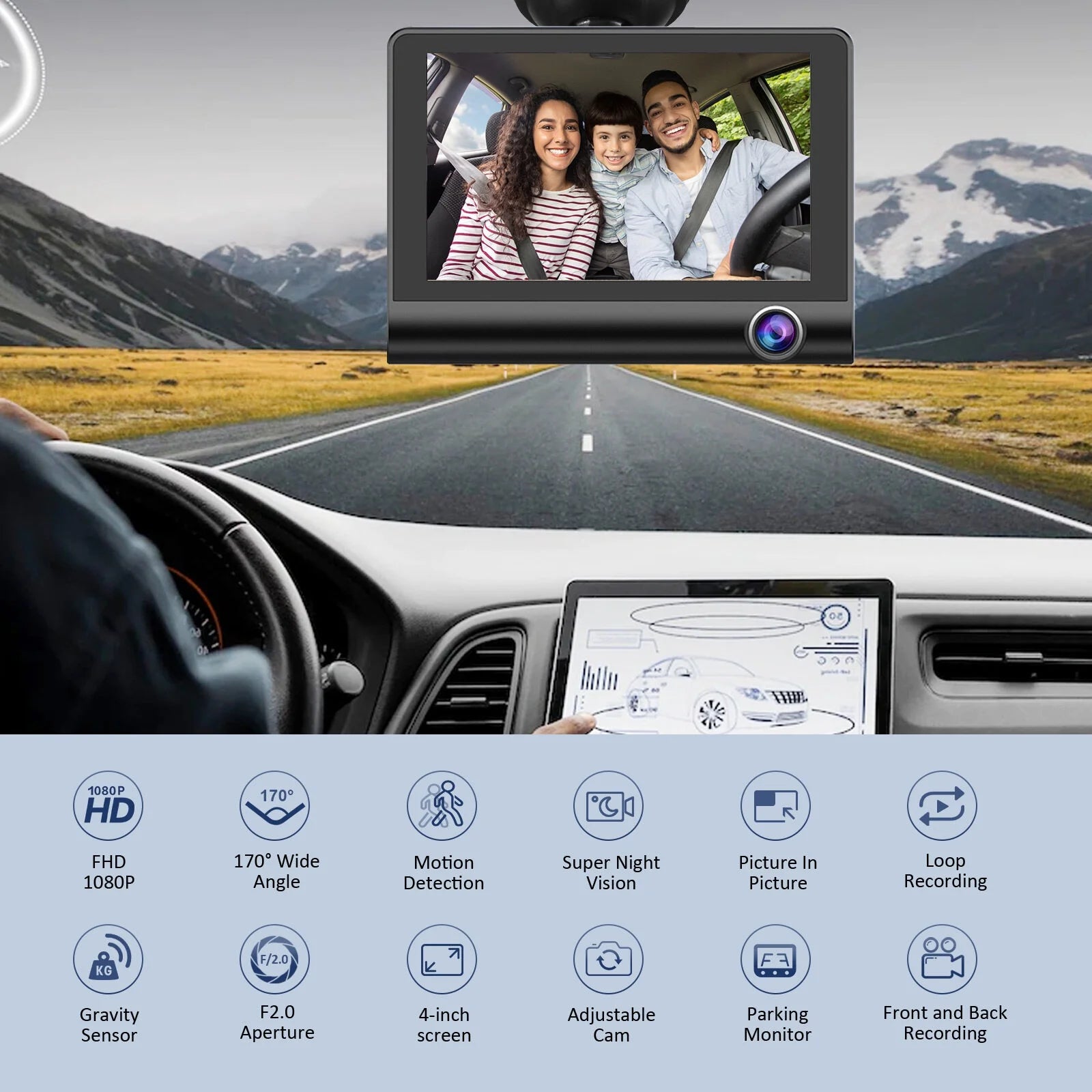 Dash Cam Front and Rear Dash Cam 4 Inch Dashboard Full 170° Wide Angle Backup with Night Vision G-Sensor Parking Monitor Loop Recording Motion Detection
