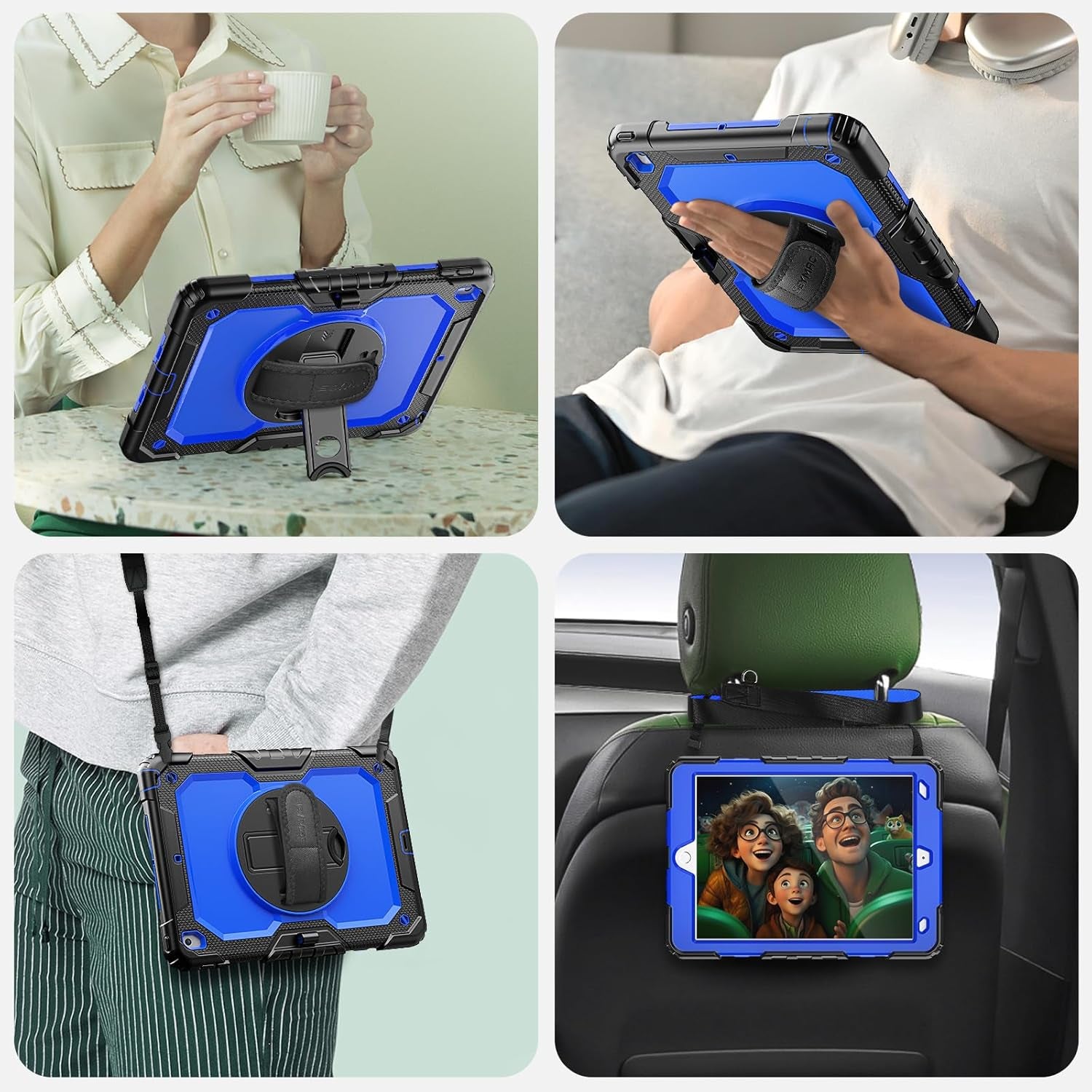 SEYMAC for Ipad 9Th/8Th/7Th Generation Case 10.2" 2021-2019, Full-Body Shockproof Heavy Duty Protective Case with Screen Protector, Rotating Stand/Handle/Shoulder Strap for Ipad 10.2, Black/Blue