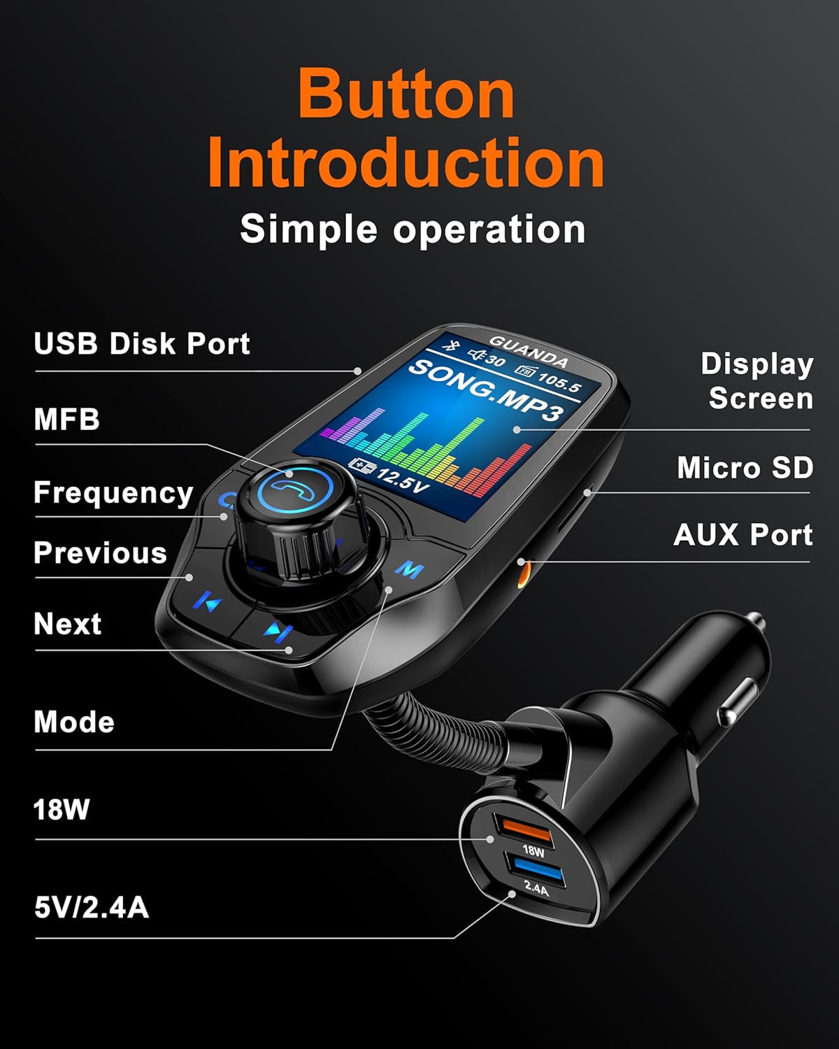 Upgraded Bluetooth FM Transmitter for Car, Wireless Radio Adapter Kit W 1.8" Color Display Hands-Free Call AUX In/Out SD/TF Card USB Fast Charge 18W for All Smartphones Audio Players - Black