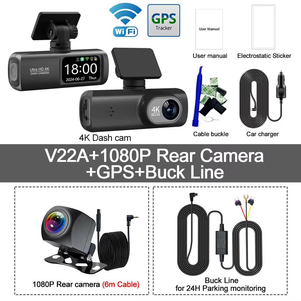 Dash Cam 4K+1080P Dual-Channel Dash Car Camera Recorder with GPS Wifi Car DVR 24H Parking Monitor Black Box