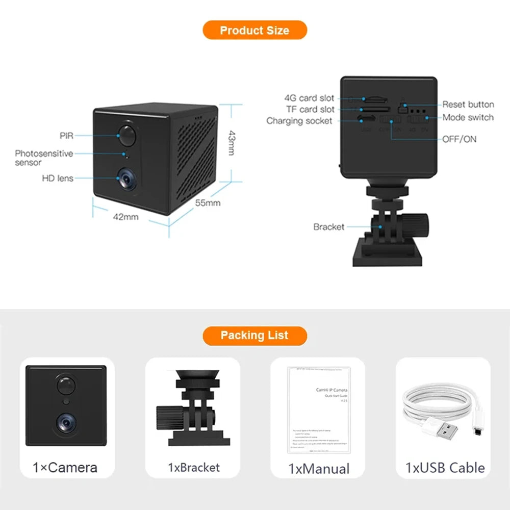 5MP Mini Camera 4G SIM Card Wifi Night Vision Home Security Surveillance Camcorder Voice Intercom Motion Detection CCTV Camera