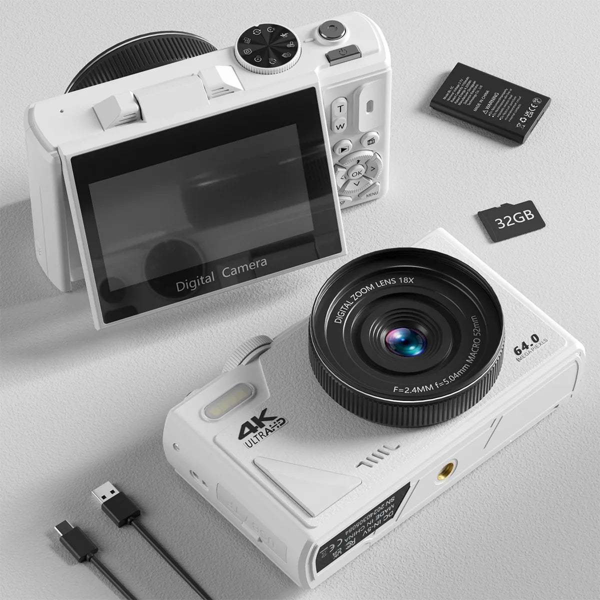 Compact 4K Digital Camera 64MP 18X Zoom for Photography Vlogging Youtube 3'' Flip Screen Flash