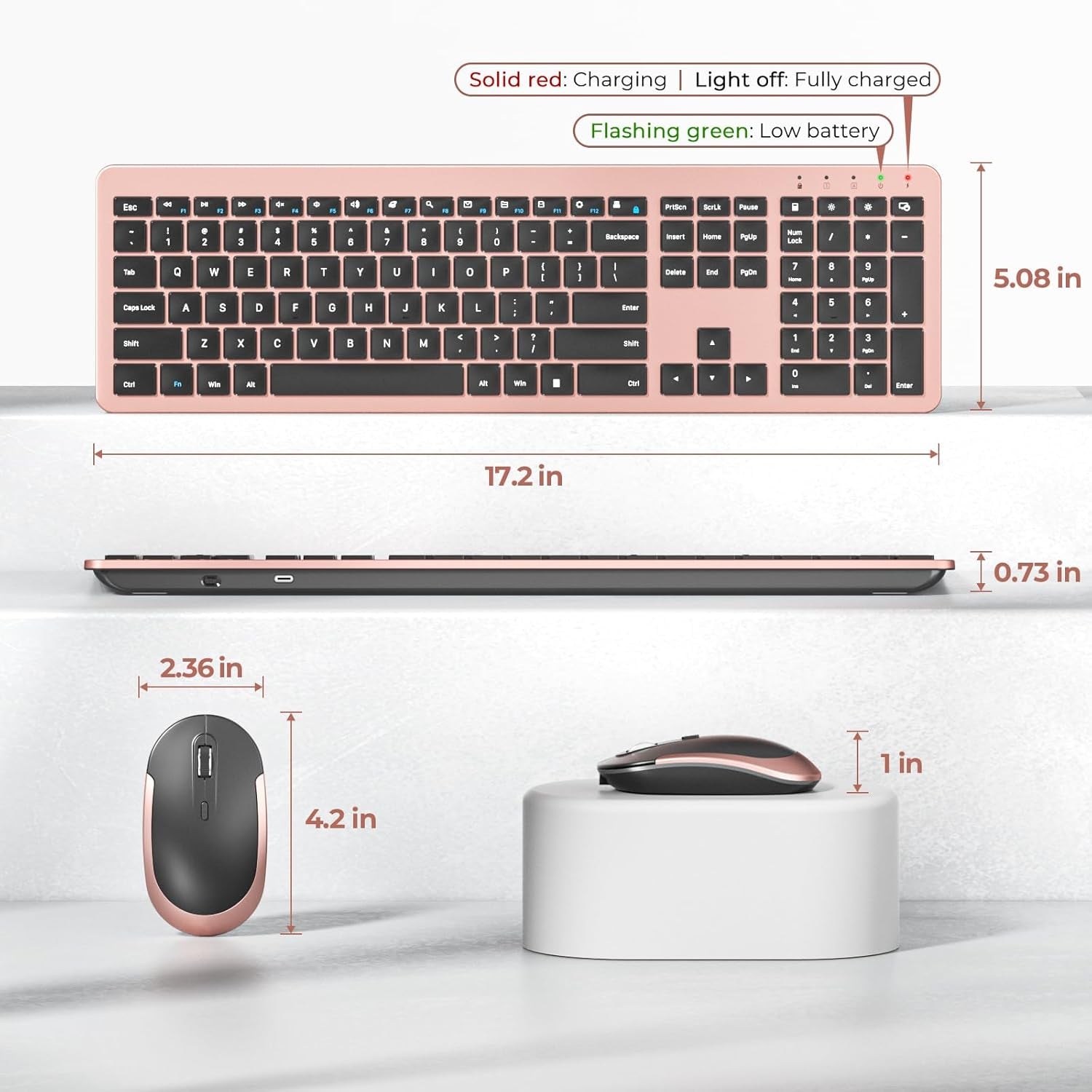 Wireless Keyboard and Mouse Combo, Rechargeable Quiet Keyboard Mouse, Sleek and Ultra Thin Design, Full-Size with Number Pad for Windows, Laptop, PC, Notebook, Desktop (Rose Gold & Black)