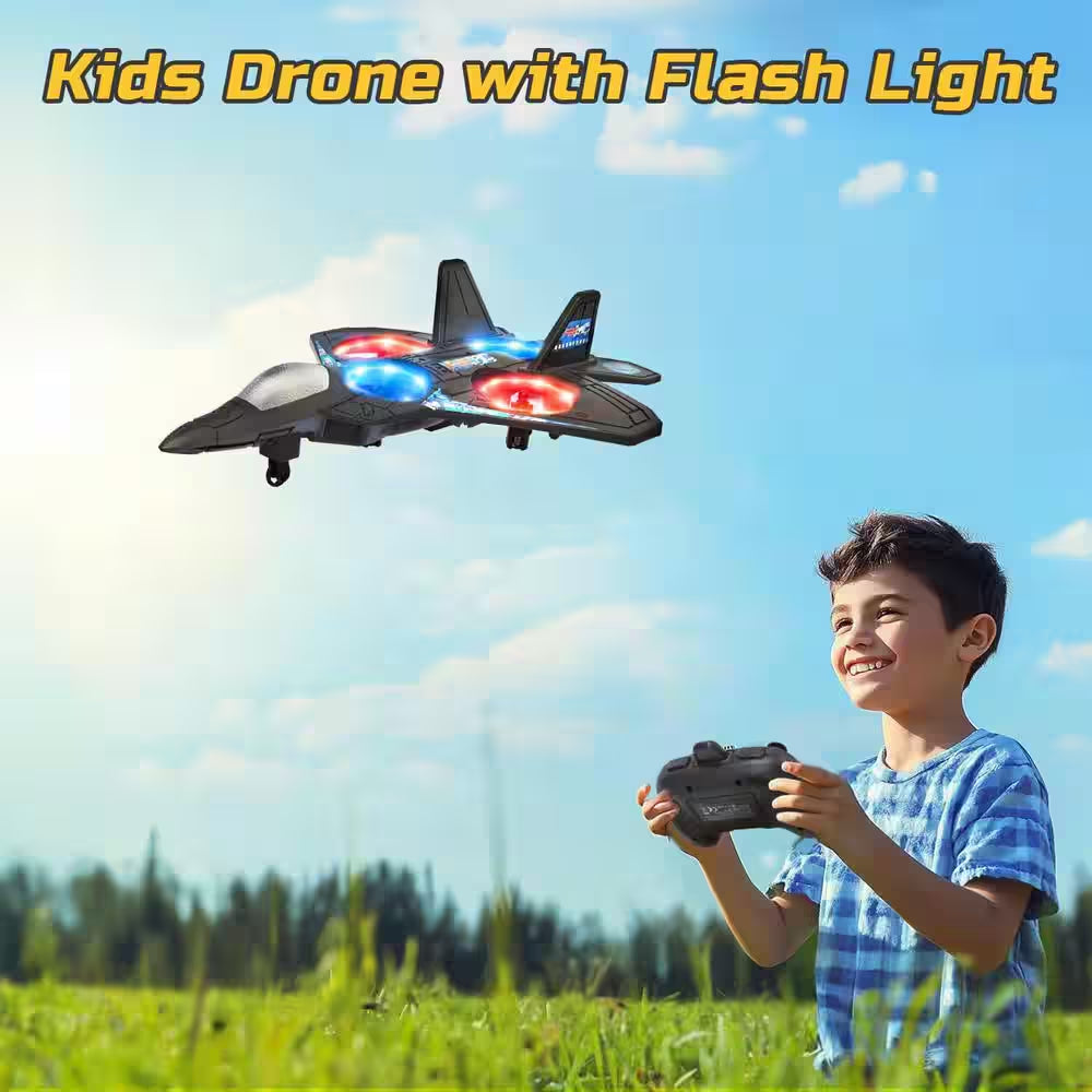 3-Speed Mode Airplane Drone for Kids Remote Control Plane Fighter Jet with Light, Auto Hovering, 360° Flip, Black Finish
