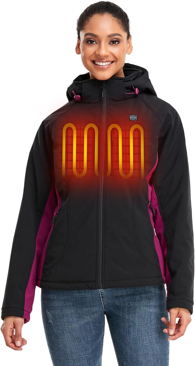 Women'S Slim Fit Heated Jacket with Battery Pack and Detachable Hood (Black/Purple,L)