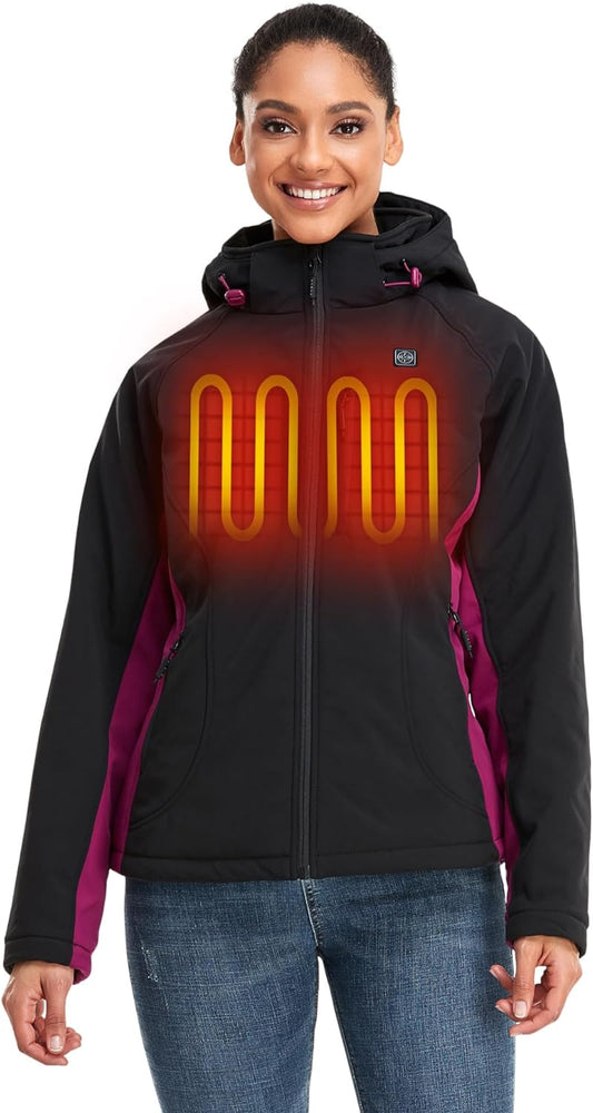 Women'S Slim Fit Heated Jacket with Battery Pack and Detachable Hood (Black/Purple,L)