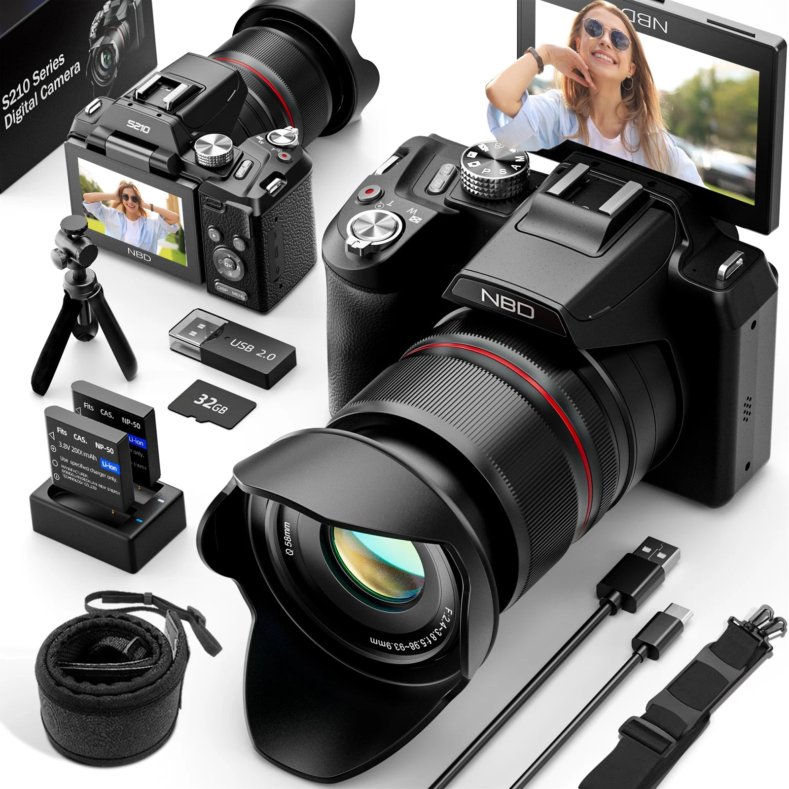 64MP Digital Cameras for Photography, 16X Optical Zoom Camera with Wifi & App Control, Vlogging Camera with 180°Flipable Scr