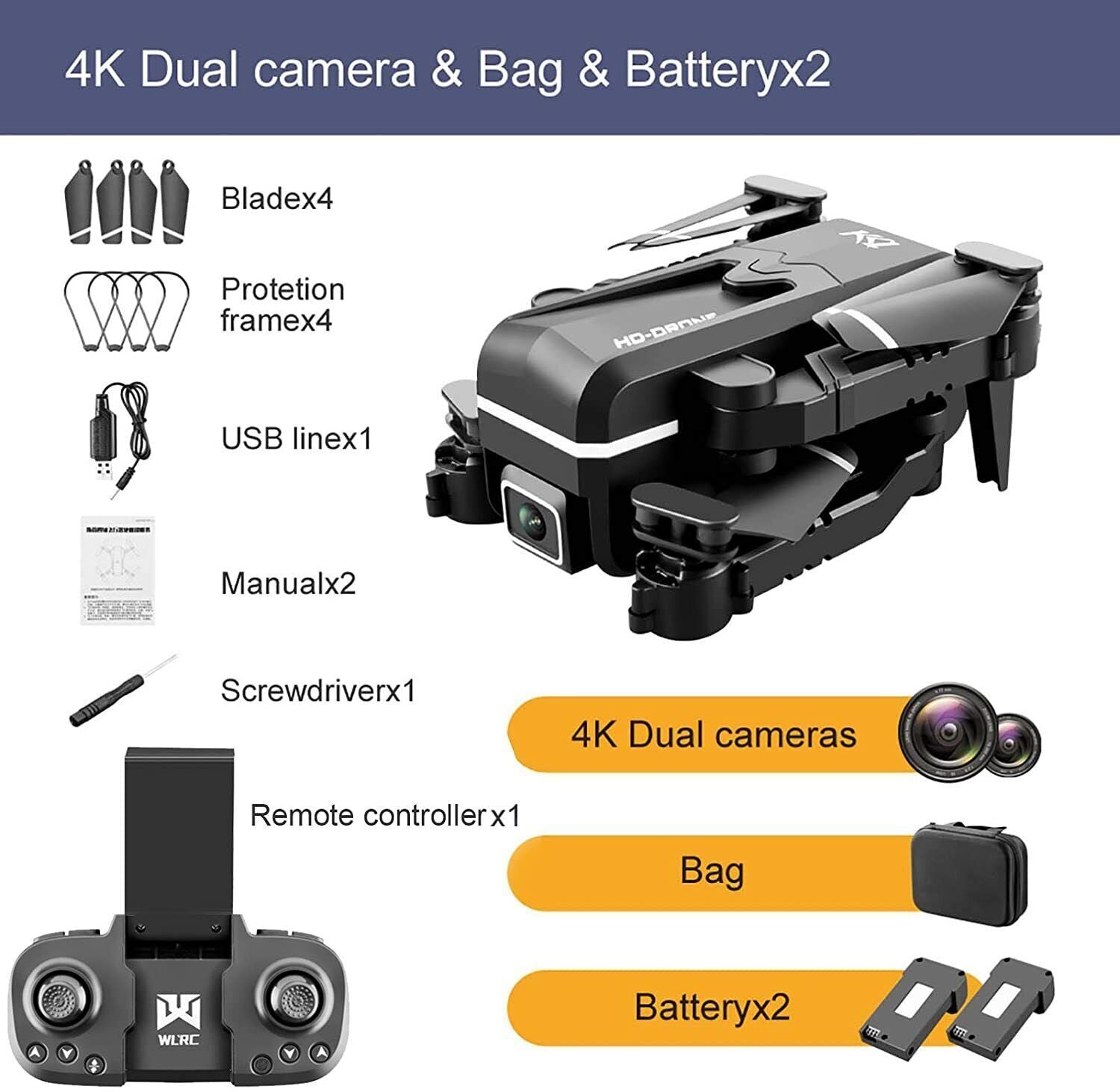 Quad Air Drone RC Drone 4K HD Dual Camera WIFI FPV KK1 2 X Battery Rc Quadcopter