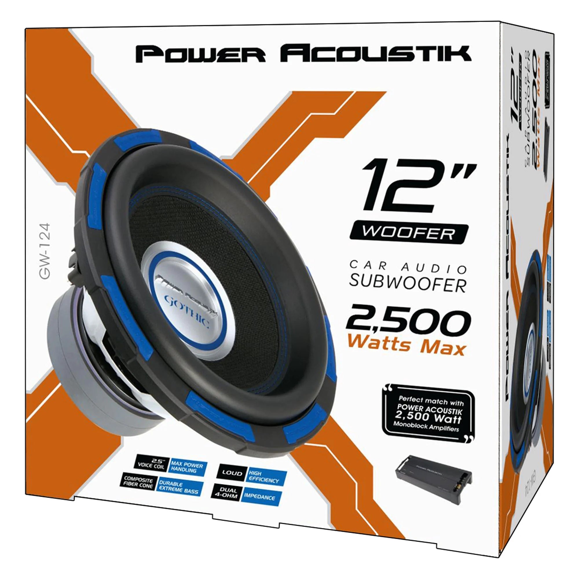 Gothic Series GW-124 Premium 12" Subwoofer - 2,500 Watt Max, Composite Fiber Rigid Cone (New)