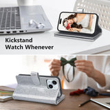 for Iphone 13 Wallet Case Detachable with Card Holder for Women Girls, Fashion Glitter PU Leather Wrist Strap Strong Magnetic Flip Wallet Removable Phone Case Cover for Iphone 13 6.1", Silver